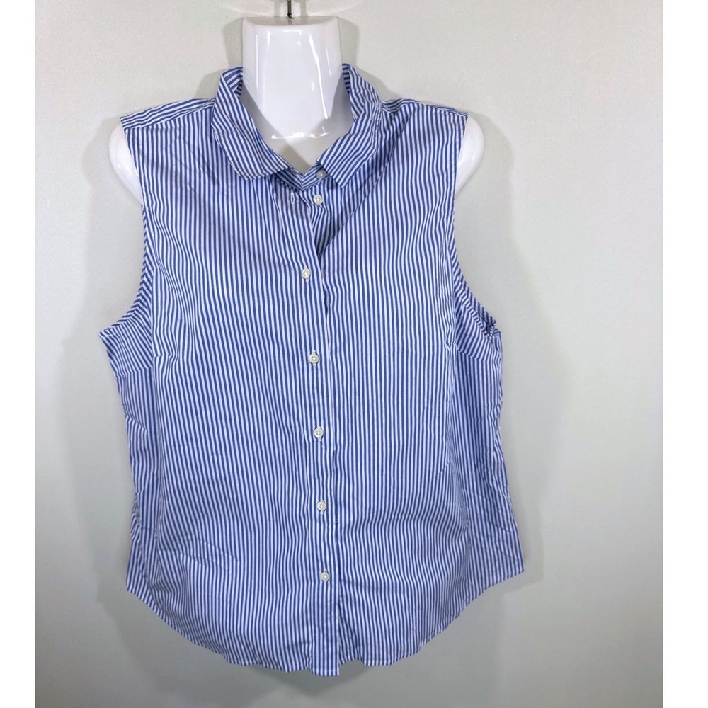 J.Crew Womens Blue White Striped Sleeveless Perfect Fit‎ Shirt Large NEW